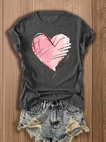 Plus Size Casual Gray Tee With Pink Heart Print Short Sleeve Round Neck Regular T-Shirt For Women,Only One Short-Sleeve Shirt - Bộ đồ liền thân màu xám đậm - 2 cái - Xem 2