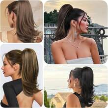 Cola de Caballo Postiza 35cm, Pelo Ondulado con Capas Naturales, Extensión de Cabello con Clip de y Cordón Integrado, Peinado Realista para Uso Diario (Castaño Oscuro) - Negro - Ver 4