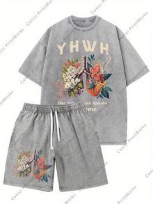 2pc Women Washed Tracksuit Women Washed Sweat Set Women Washed Matching SetWashed Set, 230g Washed T-Shirt, 290g Washed Shorts, We Breathe His Name Every Time Printed Set, High-Quality Batik Cotton Suitable For Summer Wear, Outdoor Sports, Casual Shorts T-Shirt Shorts Set, Festival Gift, Perfect Present Men Washed Two Piece Men Washed Cotton Set Men Washed Lounge Set - 深灰色 - 查看 6