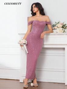Abito da sera lungo con spalle scoperte, senza maniche, con ricami e paillettes, colore grigio, rosa e viola. Abito formale in tessuto elastico e in rete lucido, adatto per Natale, feste, matrimoni, vacanze e occasioni speciali. - Rusty Rose - Visualizzare 4