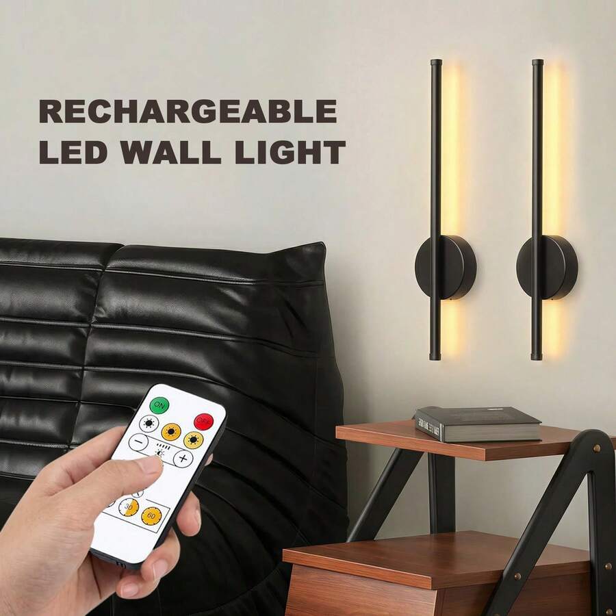 2pcs Battery Powered Wireless Rechargeable Black Wall Lights With Remote Control Dimmable, Wireless Wall Decor Lamps For Living Room, Bathroom, Hallway, With Timer Function