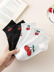 5 Pairs Cherry Pattern Black & White Women's Ankle Socks, Non-Slip Comfortable Breathable Moisture-Wicking, Suitable For Sports And Daily Commute, Spring/Summer - Multicolor - View 1