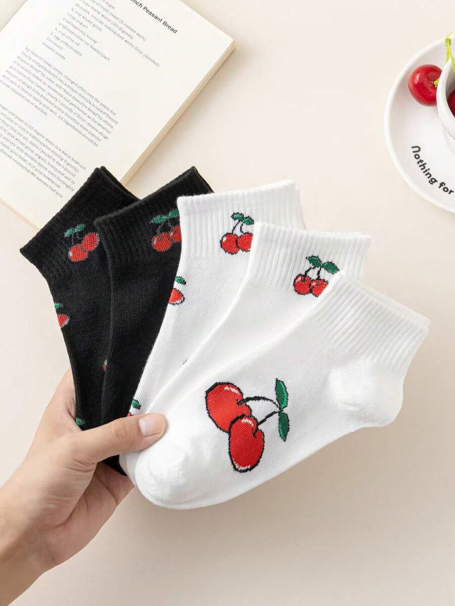 5 Pairs Cherry Pattern Black & White Women's Ankle Socks, Non-Slip Comfortable Breathable Moisture-Wicking, Suitable For Sports And Daily Commute, Spring/Summer - Multicolor - View 1