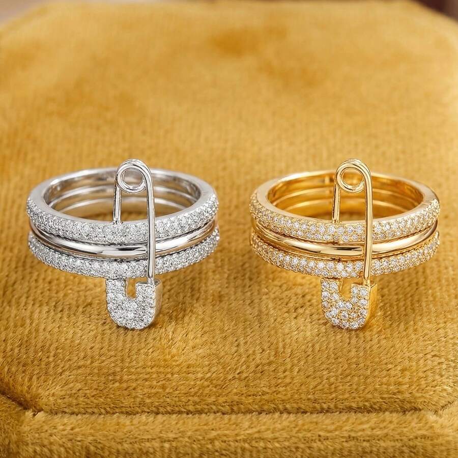 Nhẫn đính hôn/cưới tối giản có thể tháo rời và điều chỉnh dành cho nữ, khảm đá Cubic Zirconia mô phỏng sáng bóng, thích hợp đeo hàng ngày - Ba màu vàng + trắng - Xem 1