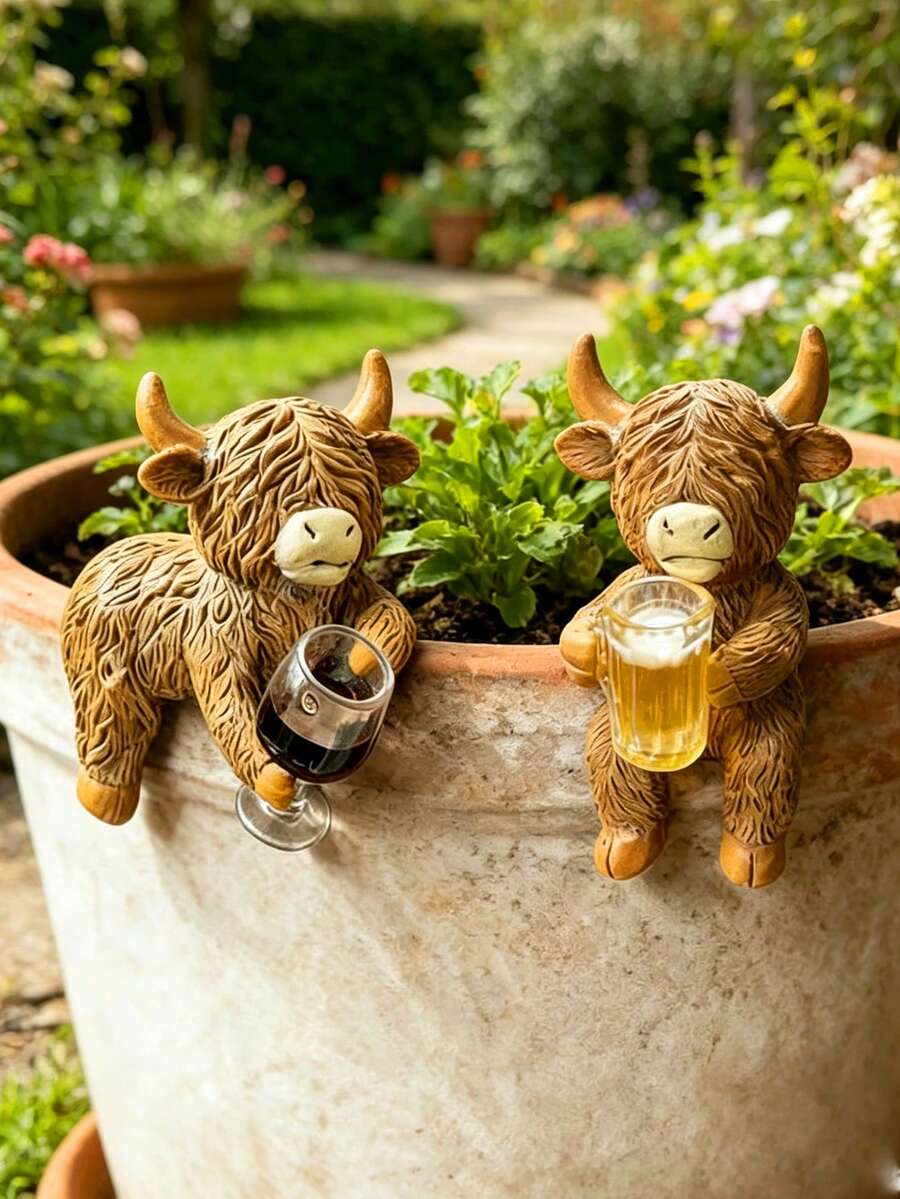 1 pieza Maceta con forma de vaca de las tierras altas, diseño de taza de cerveza de vaca de las tierras altas, adecuada para decoración de patio, césped, jardín interior/exterior de todas las estaciones, decoración de borde de planta en maceta, pequeña decoración de jardinería de balcón exterior - A - Ver 1