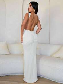 Solid Color Elegant Knitwear Twist Back Dress, Formal Party Wedding Autumn White Summer - White - View 6