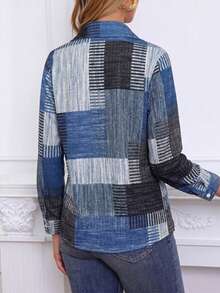 Colorblock Button Print Long Sleeve Casual Retro Shirt, Patterned Plaid Front Button Vacation - Navy Blue - View 3