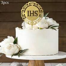 3pcs/6pcs Gold Acrylic IHS Cake Toppers, Holy Communion Cake Decorations, Baptism Confirmation First Communion Party Supplies - Multicolor - View 20