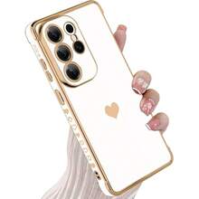 奢华电镀手机壳，兼容三星 Galaxy A57 A17 A37 A56 A36 A26 A16 A55 A25 A35 A15 A12 A13 A23 A24 A33 A34 A52 A53 A54 S26 Ultra S25 FE S24 S23 S22 S21 Plus S20，心形侧边图案设计 - 象牙白 - 查看 7
