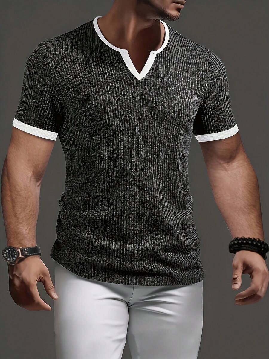 Men's Fashion Casual Ribbed Texture Fabric Colorblock V-Neck Short Sleeve Henley Shirt, Spring/Summer - Dark Grey - View 1