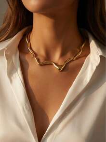 Conjunto Feminino Colar + Brincos Ondulados – Estilo Luxo Minimalista Dourado/Prata - Dourado - Visão 3