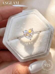 1枚优雅时尚的铂金镀层白锆石925纯银心形戒指，奢华珠宝礼物，适合女性周年纪念/生日 - 銀色 - 查看 2