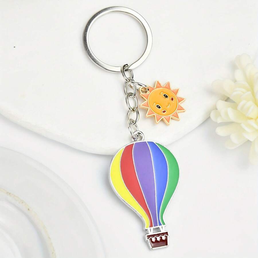 Rainbow Hot Air Balloon Keychain, Cute Sun Pendant, Car Key Chain, Bag Charm With Sun Decor, Enamel Keyring, Women's Style, Creative Bag Accessory, Sun Keychain, Lucky Small Gift For Friends Birthday - Multicolor - View 1