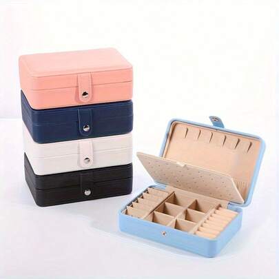 1pc Elegant Double-Layer Jewelry Box - Faux Leather Cross Pattern, Pink And Blue Design, Multi-Compartment Storage Box Suitable For Rings, Bracelets, Earrings And Necklaces, Jewelry Gift Box