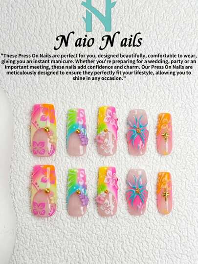 NAIO 10 st/set handgjorda press-on-naglar med fyrkantiga nageltippar, Y2K Baddie-stil, tillgängliga färger inkluderar rosa, hudfärgad, grön, blå och gul; Ombre-blommornaglar; Franska spetsiga press-on-naglar; 3D-gelblommor och hibiskusdesigner; och naglar prydda med kors och pärlor. Lämplig för kvinnor och flickor, fest, vardagskläder, levereras med verktygssats, perfekt present till damer. Naglar. Nageltillbehör.