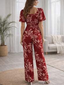 Long Jumpsuit, Thermal Print, All-Over Print, Polyester, Embroidered, With Belt, Buttons, Front Zipper, Birthday Party, Dating, Spring/Summer. - 紅色 - 查看 2