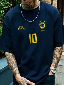Camiseta Gráfica para Hombre, Camiseta Retro de Fútbol de Brasil - Legendario Número 10, Ropa Casual para Fanáticos del Fútbol, Camiseta de Fútbol, 100% Poliéster, Tejido de Malla Transpirable, Corte Regular, Cuello Redondo - Azul marino - Ver 7