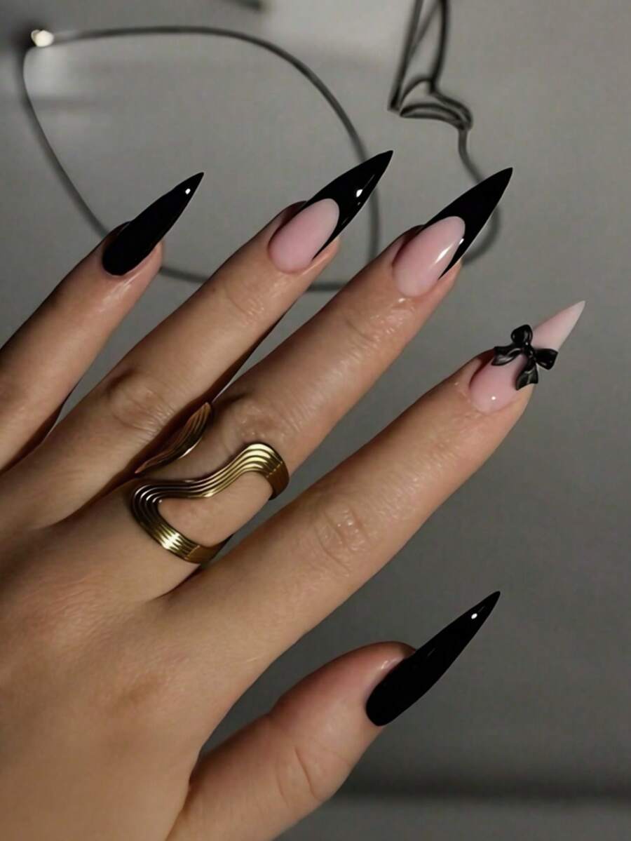 24片装长尖法式假指甲，黑色法式尖头设计，带蝴蝶结，光泽全覆盖，适合女性和女孩日常佩戴，打造精致美甲艺术。 - 黑色 - 查看 1