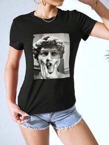 Crew Neck Sculpture Print T-Shirt - Black - View 4