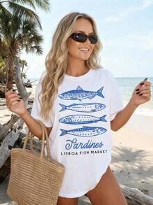 Women's Retro "Lisboa Fish Market" Sardines Graphic T-Shirt, Casual Seafood Print Crew Neck Short Sleeve Tee, Beach & Vacation Style Top Casual Women Outfits Vacation Outfits Women Festival Outfits Beach Outfits For Woman Camiseta Para Mujer - trắng - Xem 1