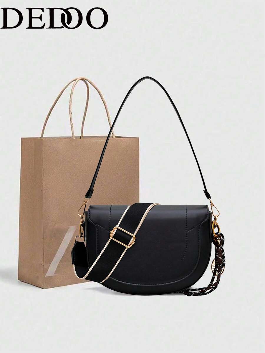ZA New Autumn Women's Burgundy Saddle Bag, Contrast Stitching Design, Top Handle One Shoulder Crossbody Flap Rigid Bag