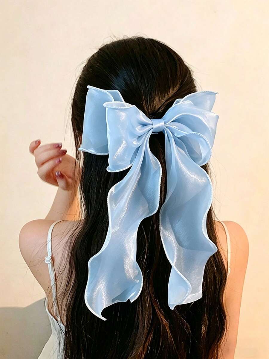 1pc Sweet Blue Princess Mesh Super Large Bow Wave Ribbon Spring Clip, Elegant Soft Hairpin Hair Accessory For Spring,Hair Clip,Party, Claw Clips - Blue - View 1