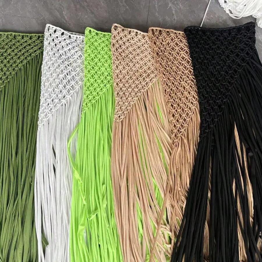 Beachapche Hand Crochet Tassel Skirts Women Fashion Side High Knitted Beach Cover Ups - Quả cam - Xem 1