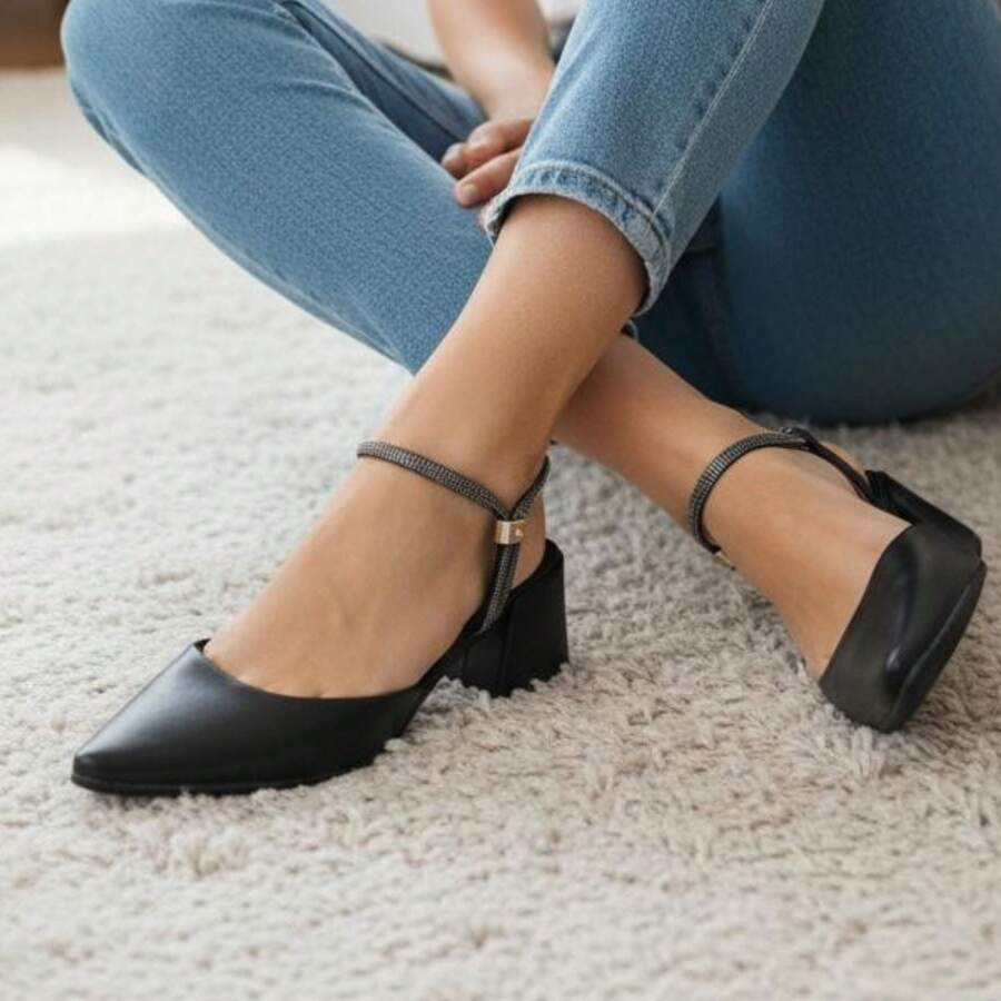 Women's Pumps With Elongated Toe And Rhinestones, Medium Heel 6cm, Black, Nude, Offwhite - Black - View 1