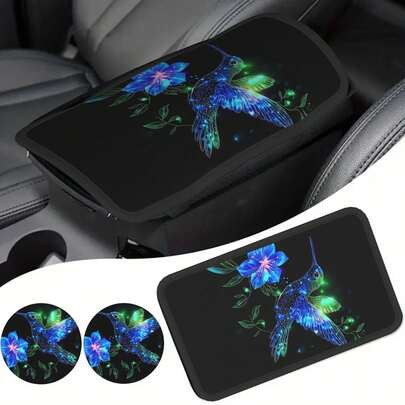3pcs Set: 1pc Kingfisher Print Armrest Pad + 2pcs Matching Print Cup Holders, Waterproof Center Console Armrest Pad, All Season Car Interior Decor Accessories