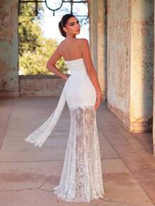 Strapless Wedding Dress With Pleated Bust Design, Transparent Floral Lace, Suitable For Spring/Summer Bride White Fall - White - View 5