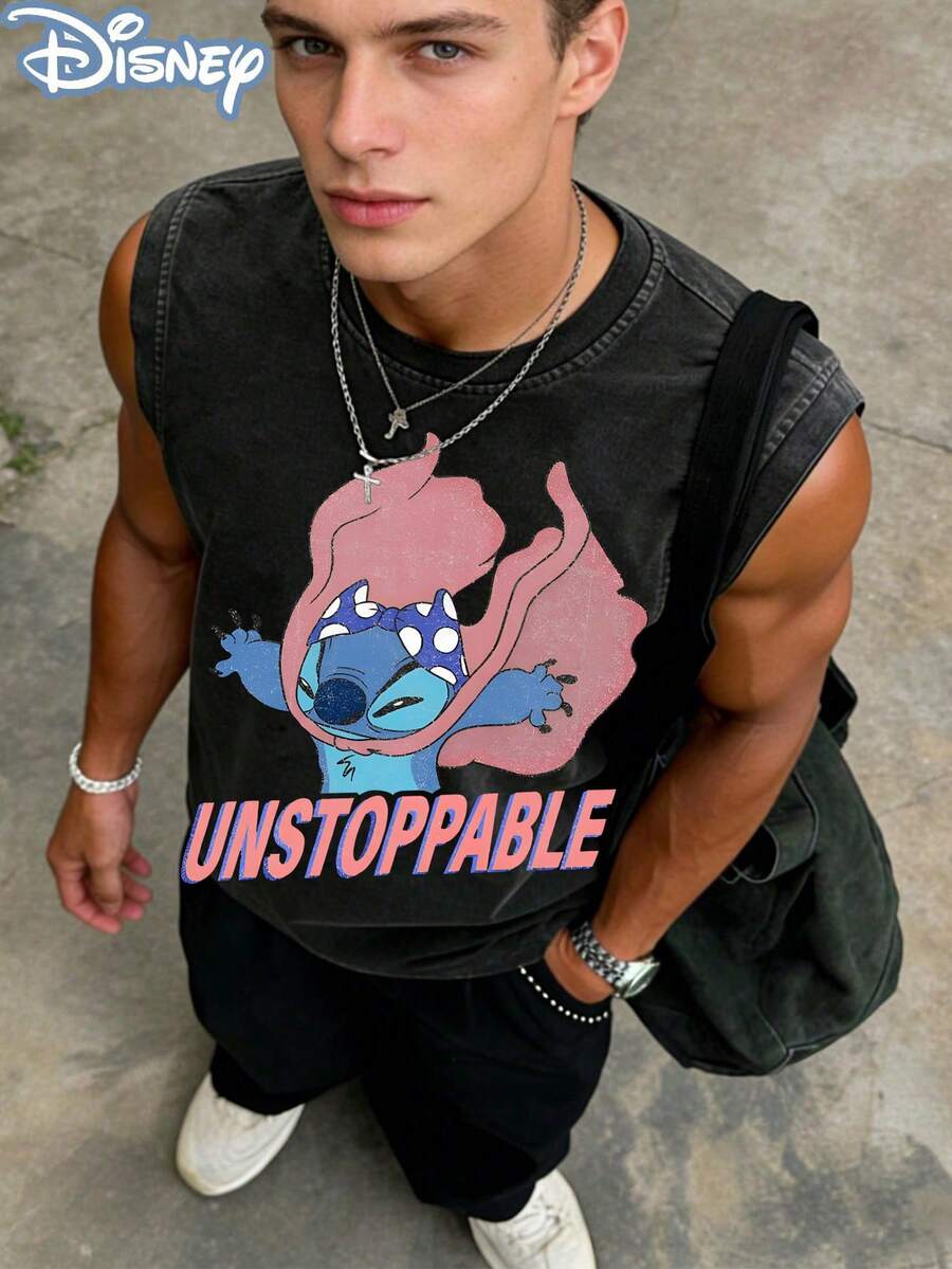Disney Lilo & Stitch Unstoppable Officially Licensed Men's Sleeveless Graphic Tee, 100% Cotton 230g Washed Vintage Streetwear Shirt - 黑色 - 查看 1
