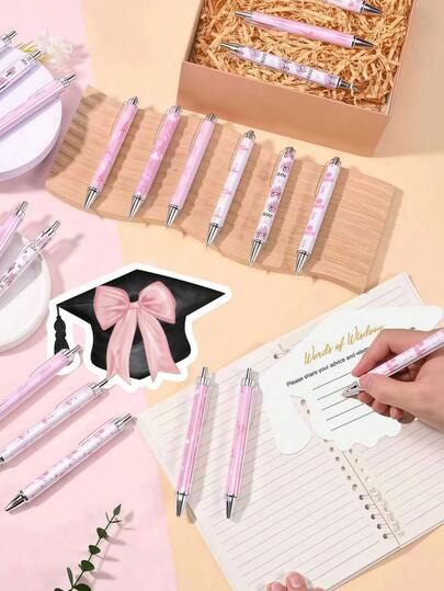 20pcs-Pink Bow Retractable Ballpoint Pen Set, 2026 Graduation Stationery Gift Set, Featuring A Playful Pink Bow Pen And A Black-And-Pink Bow Greeting Card. This Elegant, Girly-Style Black Ink Pen Is Perfect As A Graduation Memento For High School And College Graduates, Ideal For Inscribing Inspirational Quotes Or For Guest Sign-In Books.