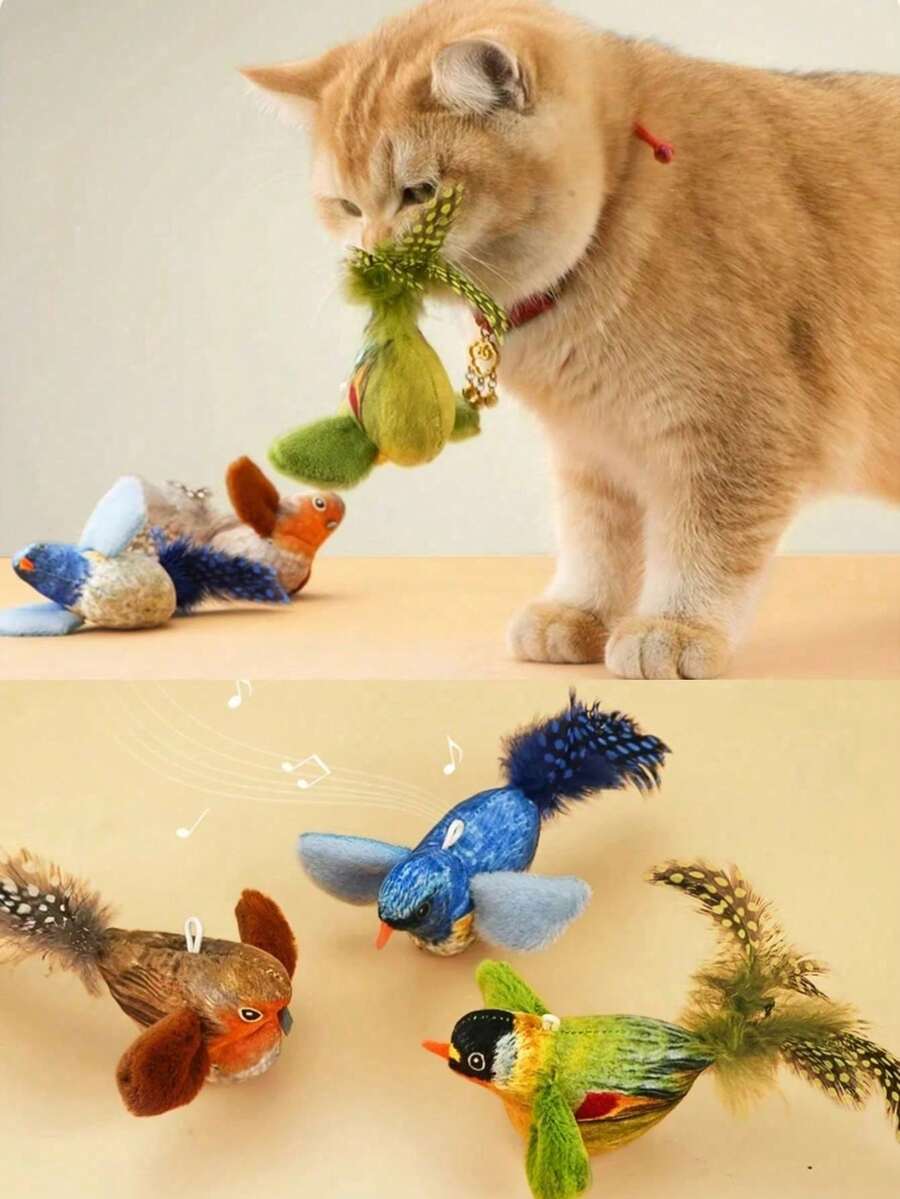 2件装猫玩具 - 逼真鸣叫小鸟，自娱自乐，缓解无聊，互动猫玩具，悬挂式发声仿真鸟毛绒玩具，带人造羽毛，猫咪鸣叫鸟玩具，羽毛颜色和长度可能有所不同