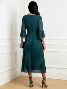 Solid Color Elegant Casual Zipper Ruffle Asymmetric Hem V-Neck Dress, Suitable For Vacation In Summer - Dark Green - View 2