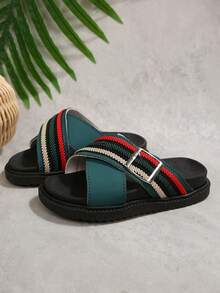 Kids Green Striped Webbing Sandals, Unisex Children's Summer Cross-Strap Adjustable Buckle Strap Slides, Princess Style Hook And Loop Non-Slip Soft Bottom Beach Shoes - Army Green - View 5
