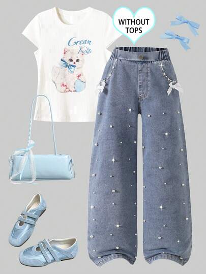 Tween Girls' Summer Fashion New Butterfly Decor Sweet Girl Style Heavily Beaded Blue Wide-Leg Jeans, Versatile Casual Pants