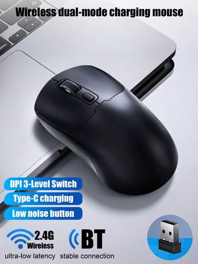 双模蓝牙+2.4G无线鼠标，游戏办公两用鼠标，马卡龙色，Type-C充电接口，符合人体工学设计，静音办公，轻巧便携，左右手通用，兼容Windows、MacOS、Android、iOS系统，适用于笔记本电脑/台式机/平板电脑/手机