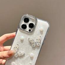 3D Pearl & Rhinestone Butterfly, Shell Texture Phone Case, Shiny Rhinestone Camera Frame, Transparent Shockproof Protective Cover For IPhone 17/16/15/14 Pro Max/13/12/11 Series, Fashionable Elegant Cute Gift For Girls - Clear - View 7