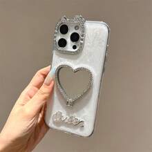 Espejo de maquillaje con purpurina plateada y soporte con cristal en forma de corazón, Funda de teléfono de lujo con cobertura completa y protección de lente, compatible con iPhone 17/16/15/14/13 Pro Max - Multicolor - Ver 5