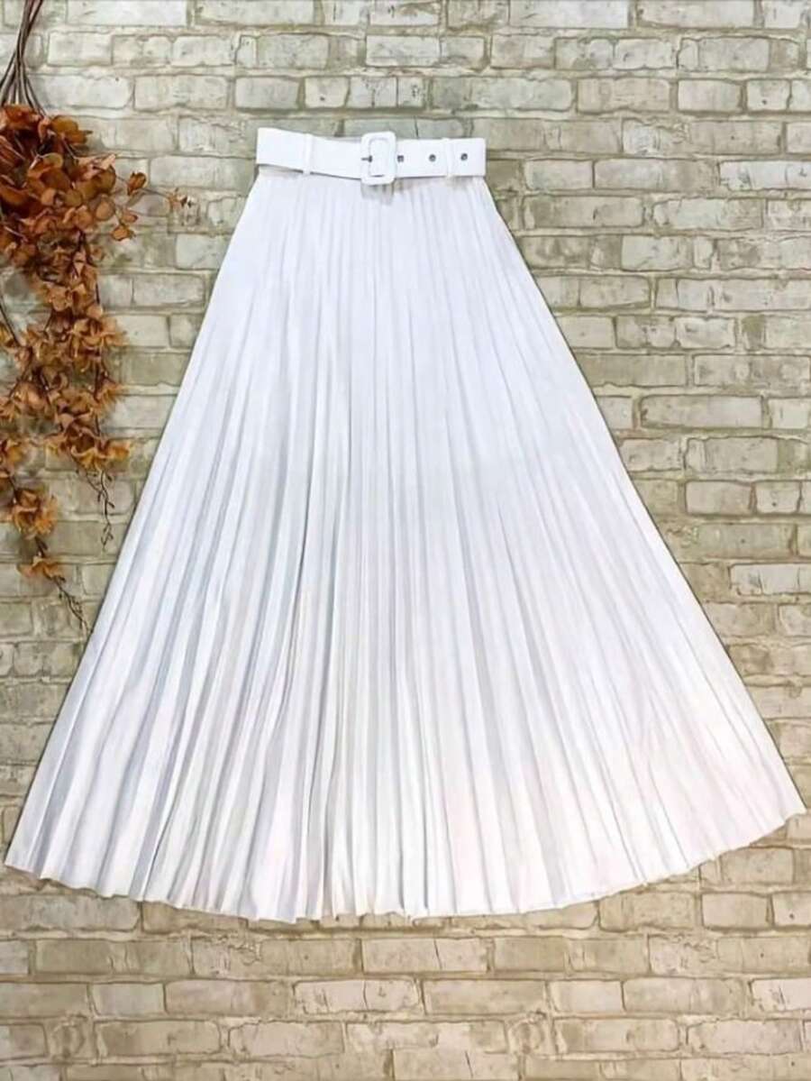 Long Pleated Skirt With Buckle Belt, Women's Fashion. - White - View 1