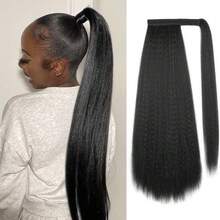 女士24英寸蓬松直马尾辫，环绕式魔术贴Yaki直马尾辫夹式合成加厚蓬松直马尾辫接发 - 黑色 - 查看 11