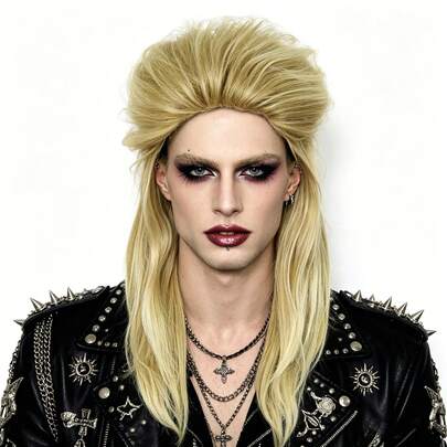 Peluca de pelo sintético rubio mullet para hombres, estilo rockero de los 80, cabello medio largo, peluca retro de los 70 y 80 para disfraz de estrella de heavy metal, resistente al calor, natural y esponjoso, para fiestas temáticas, carnavales, disfraces, conciertos, discotecas y eventos punk