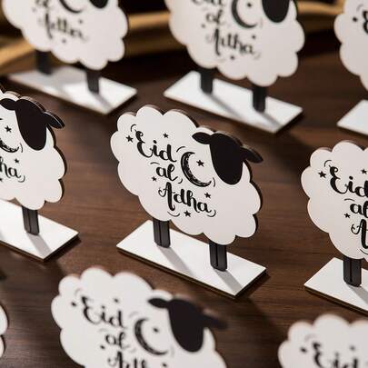 shoxil 10pcs Eid Al-Adha Wooden Table Sign, Sheep Shaped Freestanding Decor For Eid Mubarak, Islamic Muslim Festival Tabletop Centerpiece Ornament, Wood Sign For Qurbani Eid Party Home Shelf Mantel Decorations