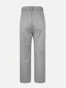 Jisfaneya Solid Color Buttonless Zipper Pocket Suit Fabric Straight Leg Pants, Elegant Office Commute Daily Casual Versatile Trousers For Spring/Summer - Grey - View 6