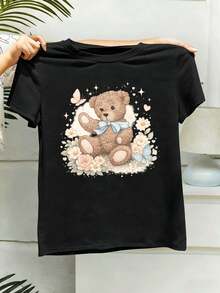 Maglietta da donna con stampa di un simpatico orsetto di peluche, tessuto di alta qualità, design grafico, casual, traspirante, nuova collezione. - nero - Visualizzare 2