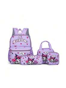 SANRIO 4件套粉紫色库洛米和美乐蒂印花背包套装，防水耐用尼龙材质，大容量多隔层设计，包含背包+保温午餐袋+铅笔盒+零钱包，拉链封口，可爱日系甜美风格，轻便透气加厚肩带，适合上学、通勤、日常出行、周末旅行、校园休闲、送给闺蜜、返校季、卡通爱好者、学生和青少年使用。 - 彩色 - 查看 13