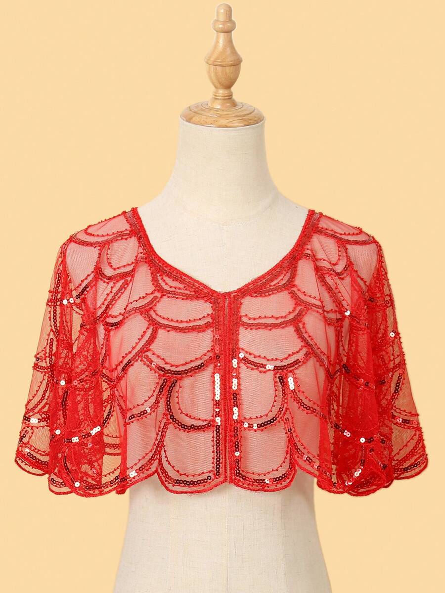 1pc Lightweight Shawl Cardigan, Sequin Lace,Accessories,Holiday - Multicolor - View 1