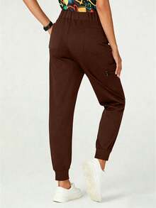 cimmuovere High-Waisted Slim-Fit Workwear - Multi-Pocket Design - Slim Breathable Pants - Side Zipper Pockets - Elastic Hem - Brown - View 7