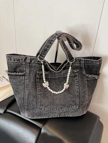 New Denim Large Capacity Tote Bag, Casual Versatile Shoulder Handbag, Underarm Carry Bag, Student School Bag - Black - View 6