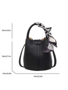 新款简约时尚女包单肩斜挎包水桶包仿布纹蔬菜篮手提包 - 黑色 - 查看 11